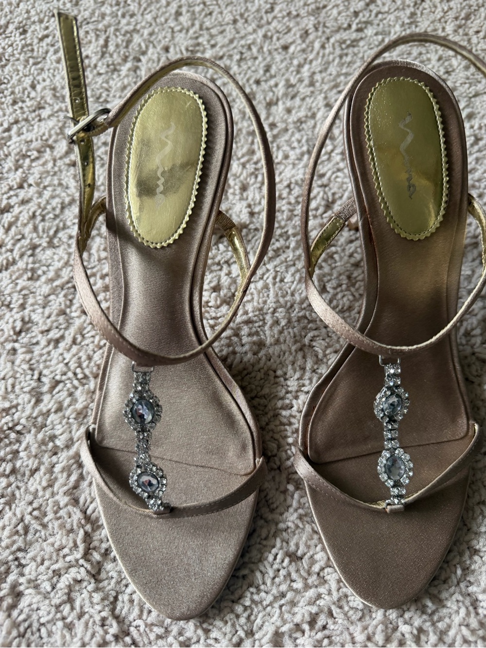 Nina Metallic Gold/Taupe Crystal T-Strap Heels